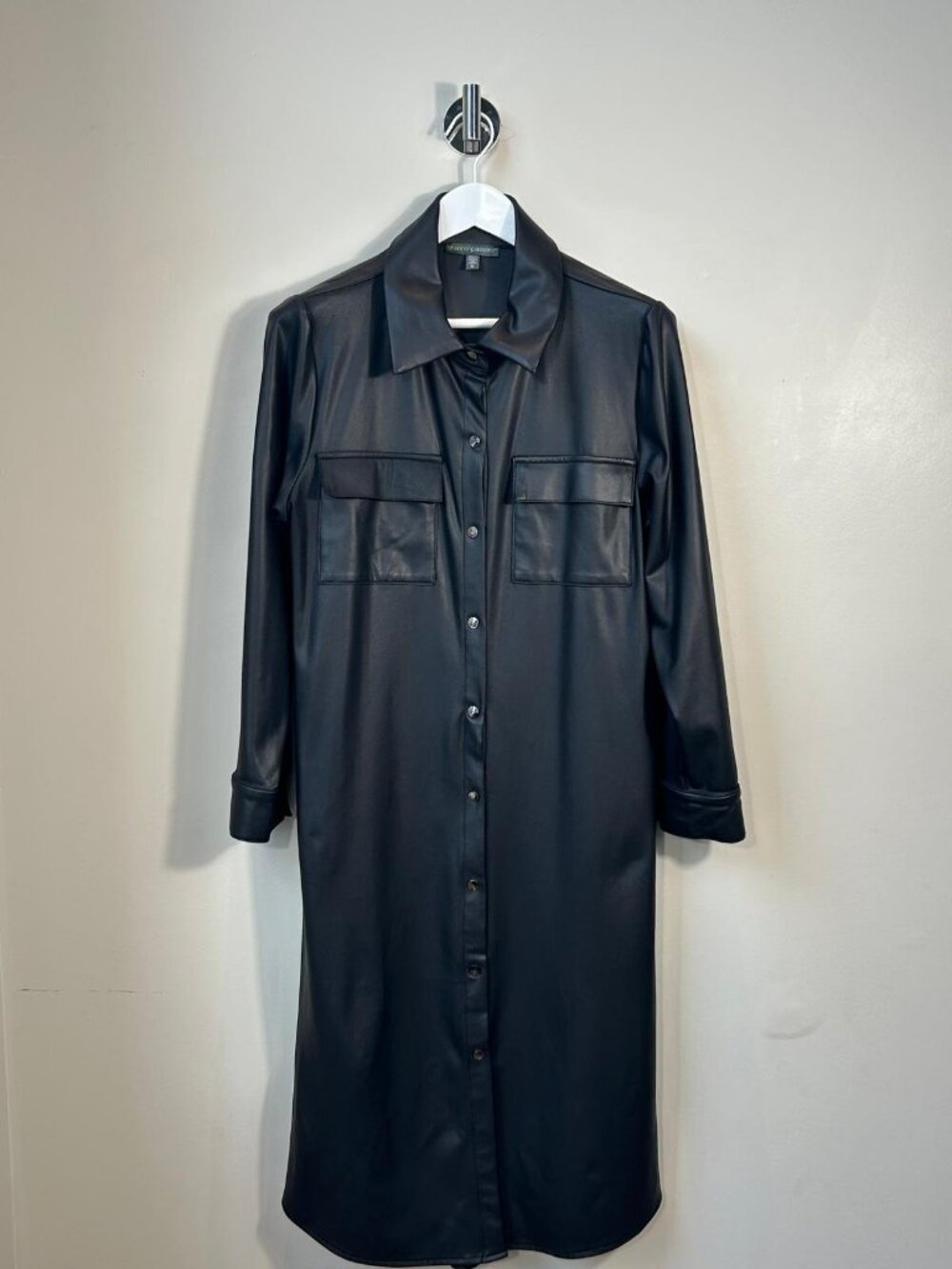 Shannon Passero Black Faux Leather Longline Shirt Jacket Shacket Size M - Picture 2 of 7